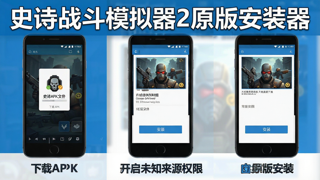 一张展示史诗战斗模拟器2原版安装器新手安装步骤的图片,画面分为三个并排的手机屏幕截图,从左到右依次显示下载APK文件、开启未知来源权限、点击安装按钮的界面,每个屏幕下方有简短的文字说明,整体采用扁平化设计风格,配色以蓝色和白色为主,画面中文字标注“史诗战斗模拟器2原版安装器”,画质清晰,排版整齐