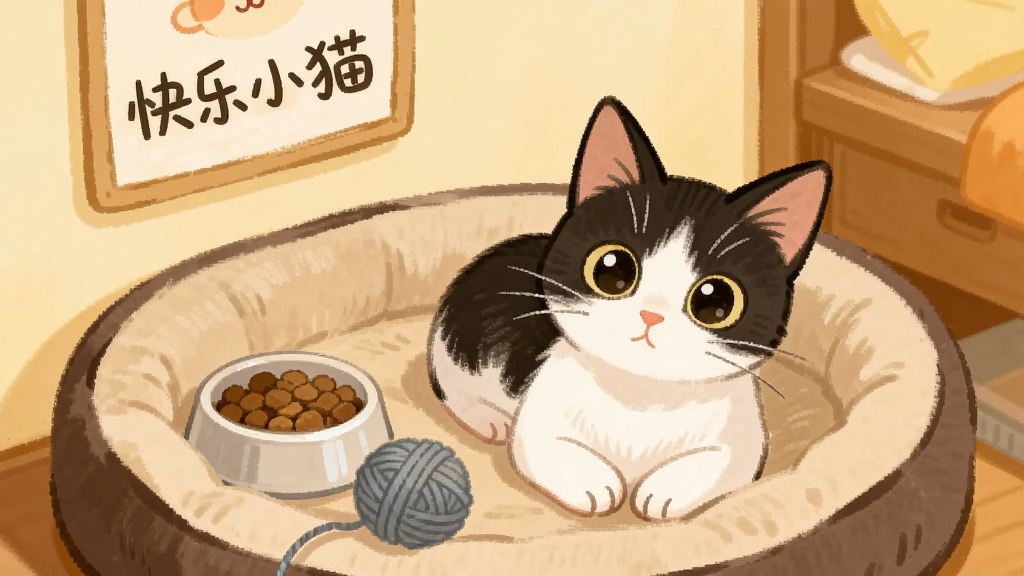 一只黑白相间的小猫趴在柔软的猫窝里,旁边放着一碗猫粮和一个毛线球,小猫抬头望向镜头,眼睛圆润有神。背景是暖黄色调的卧室一角,墙上挂着“快乐小猫”字样的装饰画。整体风格为治愈系手绘插画,光线柔和,画质细腻干净,无多余元素。