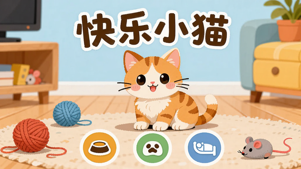 一只橘白色小猫坐在明亮的客厅地板上,周围散落着毛线球和玩具老鼠,背景是浅蓝色墙面与木质地板。画面中央上方用圆润可爱的字体写着“快乐小猫”,下方排列三个圆形功能图标,分别代表喂食、玩耍、睡觉。整体风格为扁平化卡通插画,色彩温暖明快,细节丰富,画质清晰干净,无多余元素。