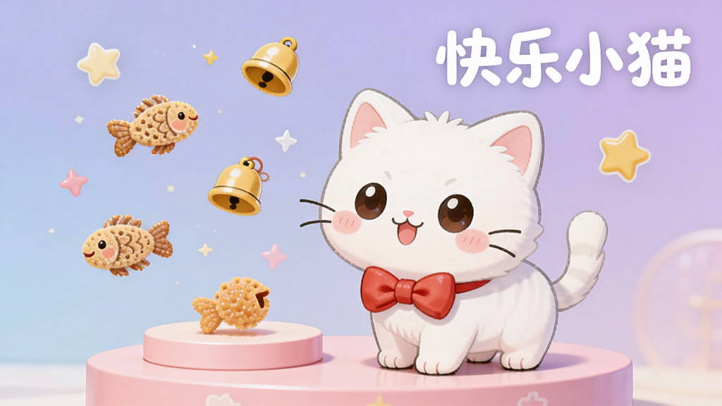 一只戴着红色蝴蝶结的白色小猫站在粉色展示台前,周围漂浮着小鱼干、铃铛和星星图标,背景是淡紫色渐变墙面。画面右上角用白色圆体字写着“快乐小猫”,整体风格为Q版卡通,色彩柔和明亮,画质清晰干净,无多余元素。