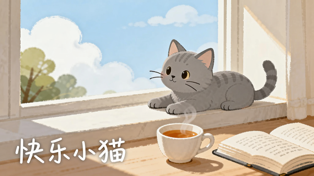 一只灰色小猫趴在窗台上晒太阳,窗外是蓝天白云和绿树,窗台边放着一杯热茶和一本翻开的书。画面左下角用浅灰色手写体写着“快乐小猫”,整体风格为日系简约插画,色调温暖安静,画质细腻干净,无多余元素。