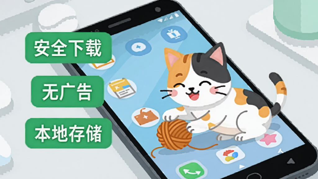 一部安卓手机屏幕显示快乐小猫的主界面,一只小花猫正在玩毛线球,屏幕旁边漂浮着“安全下载”“无广告”“本地存储”三个绿色标签。背景是浅灰色桌面,整体风格为科技感扁平插画,色彩清爽,画质清晰干净,无多余元素。