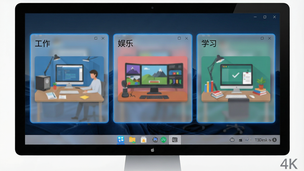 一张展示T3Desk软件界面的全景图,主体为电脑屏幕中排列着三个独立的虚拟桌面缩略图,分别标注“工作”“娱乐”“学习”标签,布局采用横向三栏式设计,排版清晰有序,风格为现代科技感扁平化UI,细节包含半透明毛玻璃效果、蓝色高亮边框、底部任务栏图标,画质为4K超清,干净无多余元素
