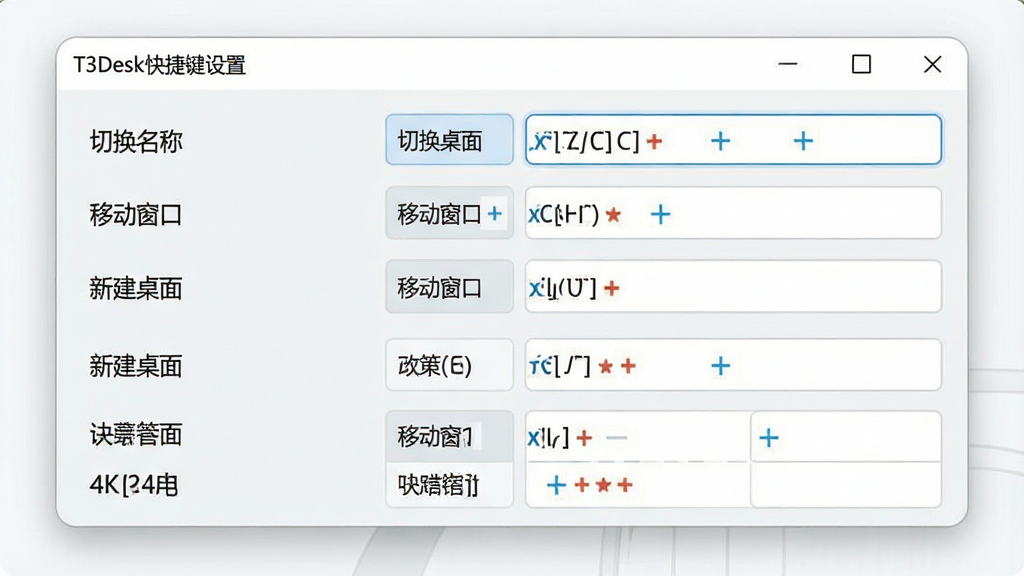 一张展示T3Desk快捷键设置界面的图片,主体为软件设置窗口中的快捷键列表,布局为左侧功能名称、右侧按键输入框,排版整齐,风格为浅色商务简约风,细节包含“切换桌面”“移动窗口”“新建桌面”等文字标签及对应的按键组合,画质为4K超清,干净无多余元素