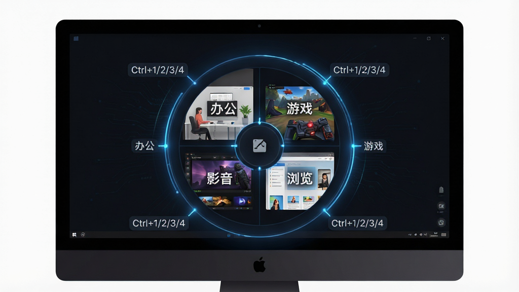 一张展示T3Desk多桌面切换功能的示意图,主体为电脑屏幕中央悬浮着一个圆形切换轮盘,轮盘上显示四个桌面预览小窗,分别有“办公”“游戏”“影音”“浏览”文字标签,布局为居中放射状,排版简洁,风格为深色模式科技风,细节包含发光连接线、快捷键提示“Ctrl+1/2/3/4”,画质为8K超清,干净无多余元素