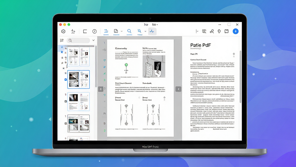�ſ�PDF�Ķ���������չʾ������������һ̨�򿪵ıʼǱ����ԣ���Ļ����ʾ�ſ�PDF�Ķ������ڴ�һ�ݶ�ҳPDF�ĵ����������ǩ������ͼ��壬�Ҳ����������ĵ����ݣ�����������ˬ������ͻ���������棬���־��жԳƣ��Ű�ɾ����䣬���Ϊ�ִ��Ƽ��У�ϸ�ڰ���������ͼ�ꡢҳ�뵼���ͱ���ɫ�������ʸ��壬�ɾ����޶���Ԫ��