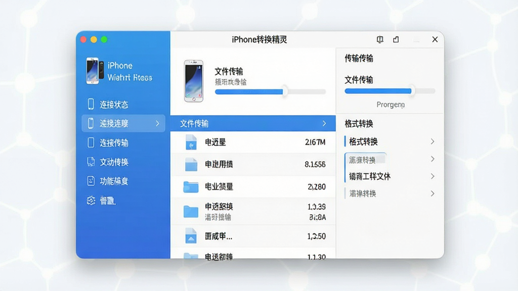 一张高质量的软件界面展示图,画面中央是“iPhone转换精灵”的软件主窗口,左侧显示设备连接状态和功能菜单,右侧展示文件传输进度和格式转换选项,整体布局简洁清晰,采用蓝白配色,风格现代科技感,细节包括图标、进度条、文件列表等,画质清晰,干净无多余元素