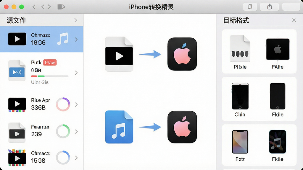 一幅展示多格式转换功能的AI生图,画面主体是“iPhone转换精灵”软件界面,中央显示多个视频和音频文件图标正在被箭头指向转换后的苹果设备图标,布局采用左右分栏,左侧为源文件列表,右侧为目标格式选项,风格为扁平化科技风,细节包括格式标签、进度环、设备轮廓,画质清晰,干净无多余元素