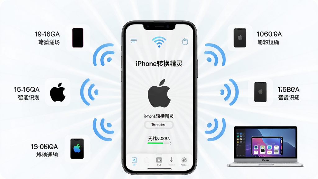 一幅展示智能设备识别与无线传输的AI生图,画面中央是“iPhone转换精灵”软件界面,显示多个苹果设备图标通过Wi-Fi信号连接到电脑,布局采用放射状连接,风格为清新浅色,细节包括设备型号文字、信号波纹、传输速度指示,画质清晰,干净无多余元素