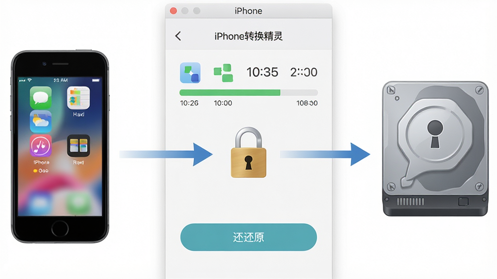一张表现数据备份与还原场景的AI生图,画面中“iPhone转换精灵”软件界面显示备份进度条和还原按钮,左侧是iPhone设备图标,右侧是电脑硬盘图标,中间有加密锁和箭头连接,布局对称,风格为简约商务,细节包括数据分类图标、时间戳、安全标识,画质清晰,干净无多余元素