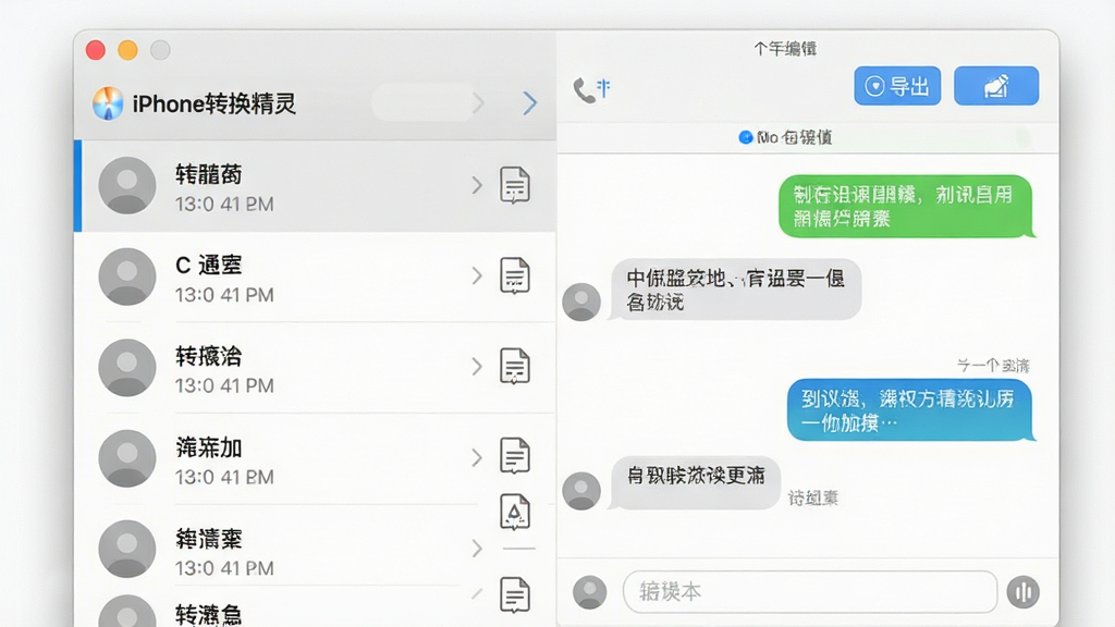 一张展示通讯录与短信管理功能的AI生图,画面中“iPhone转换精灵”软件窗口左侧显示联系人列表,右侧显示短信对话气泡,顶部有导出和编辑按钮,布局为经典三栏式,风格为素雅极简,细节包括头像占位、时间标签、格式图标,画质清晰,干净无多余元素