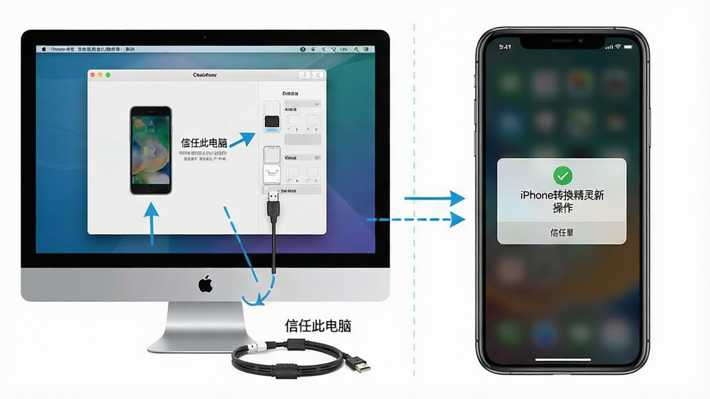 一张展示iPhone转换精灵新手操作步骤的AI生图,画面分为左右两部分,左侧是电脑屏幕显示软件连接设备界面,右侧是手机屏幕显示信任提示,布局清晰,风格为教程图解式,细节包括箭头指示、文字标注“信任此电脑”、USB线缆,画质清晰,干净无多余元素