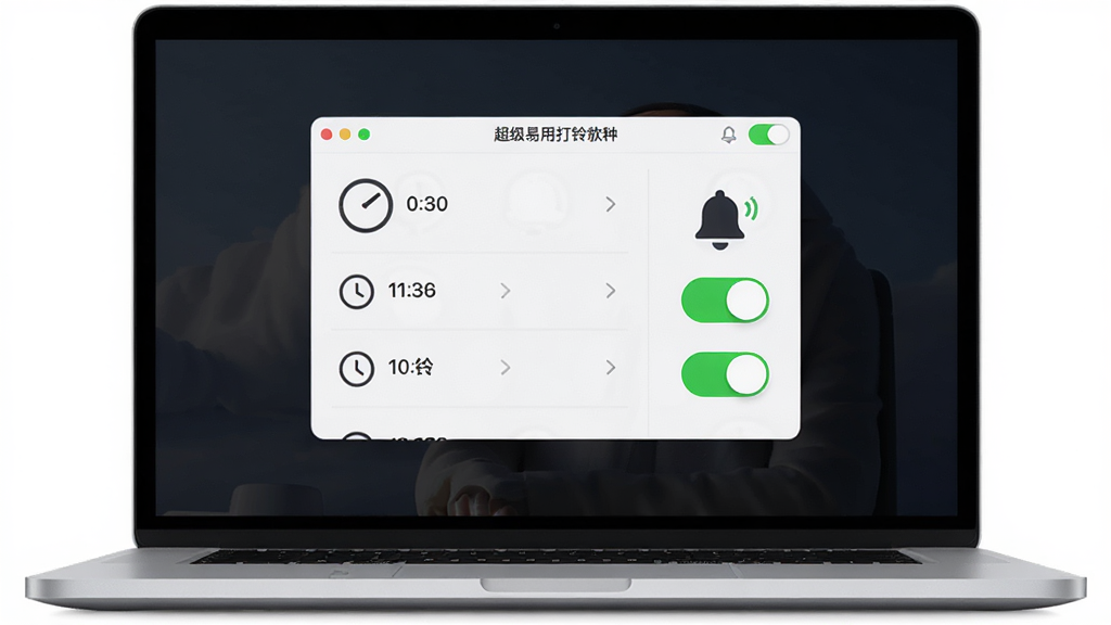 主体是一台打开的笔记本电脑屏幕,屏幕上显示着超级易用打铃软件的界面,界面中有时间列表和打铃开关按钮,布局是软件界面占据画面中心,排版为居中构图,风格是简约现代的科技风,细节包括时钟图标、铃铛图标和绿色运行指示灯,画质高清,干净,无多余元素