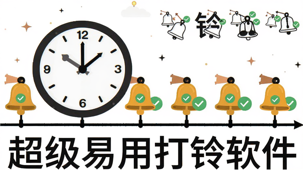 主体是一个大时钟和多个铃铛排列在时间轴上的场景,布局是时间轴从左到右延伸,排版为横向构图,风格是扁平化插画风,细节包括时钟刻度、铃铛图标和绿色对勾标记,画质高清,干净,无多余元素,图片中文字“超级易用打铃软件”