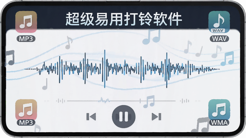 主体是一个音乐播放界面和多种音频格式图标,布局是音频波形图在中央,排版为居中构图,风格是清新简约风,细节包括MP3、WAV、WMA格式标签和音符图标,画质高清,干净,无多余元素,图片中文字“超级易用打铃软件”