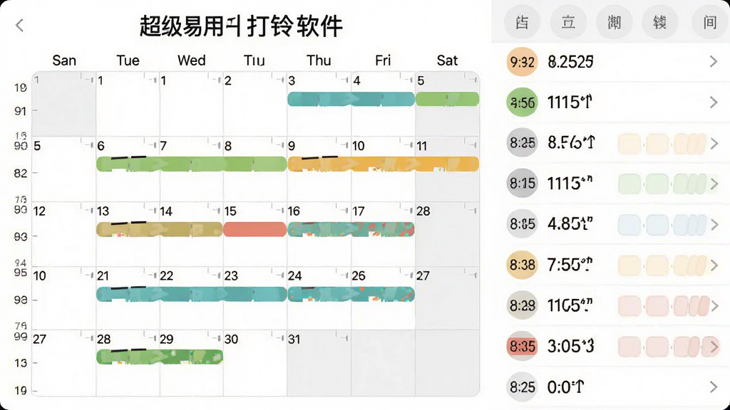 主体是一个日历界面和多个时间标签,布局是日历占据左侧,时间列表占据右侧,排版为左右分栏构图,风格是商务办公风,细节包括星期标签、时间刻度和彩色任务条,画质高清,干净,无多余元素,图片中文字“超级易用打铃软件”