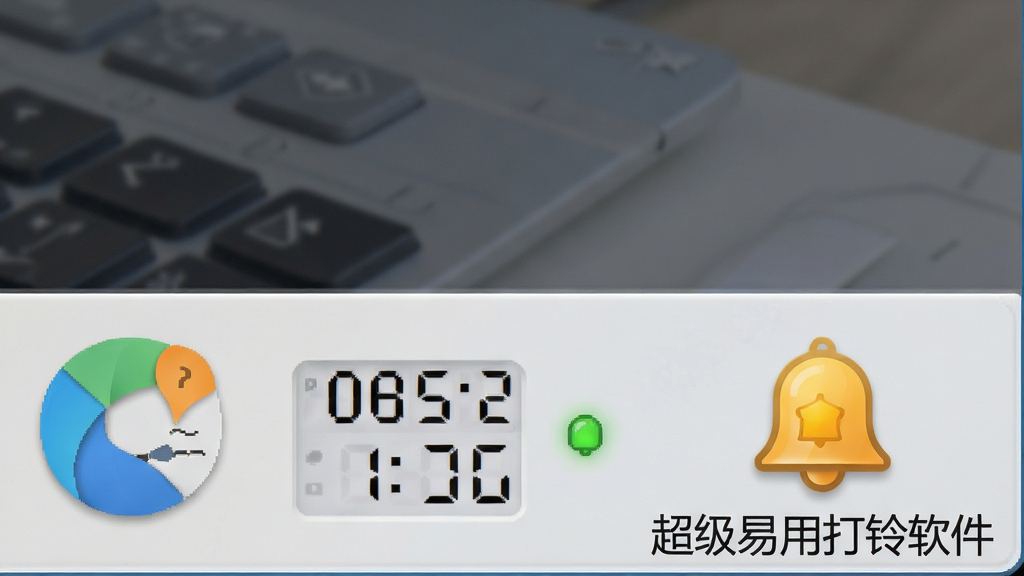 主体是电脑桌面右下角系统托盘区域和一个小铃铛图标,布局是托盘图标在右下角,排版为特写构图,风格是写实风格,细节包括托盘图标、时间显示和后台运行指示灯,画质高清,干净,无多余元素,图片中文字“超级易用打铃软件”