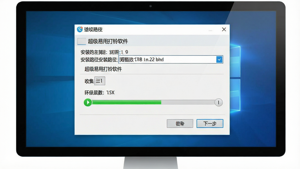 主体是一个电脑屏幕显示软件安装向导界面,布局是安装窗口居中,排版为居中构图,风格是写实软件截图风,细节包括安装路径选择框、下一步按钮和进度条,画质高清,干净,无多余元素,图片中文字“超级易用打铃软件”