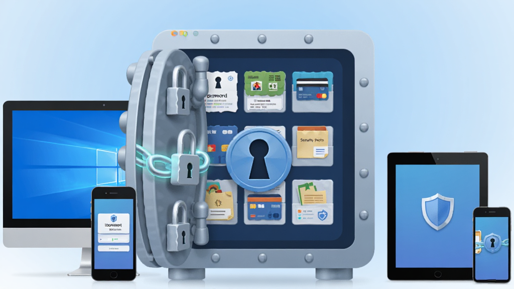 一张展示 1Password 软件主界面的数字插画,画面中央是一个带有经典蓝色钥匙孔标志的保险库大门,门内整齐排列着登录凭据、信用卡、安全笔记等图标卡片,周围环绕着 Windows 电脑、手机、平板等设备,布局为居中对称式,风格为现代扁平化科技风,细节包含发光的加密锁链、盾牌纹路与柔和的蓝色渐变背景,画质高清,干净整洁,无多余元素。