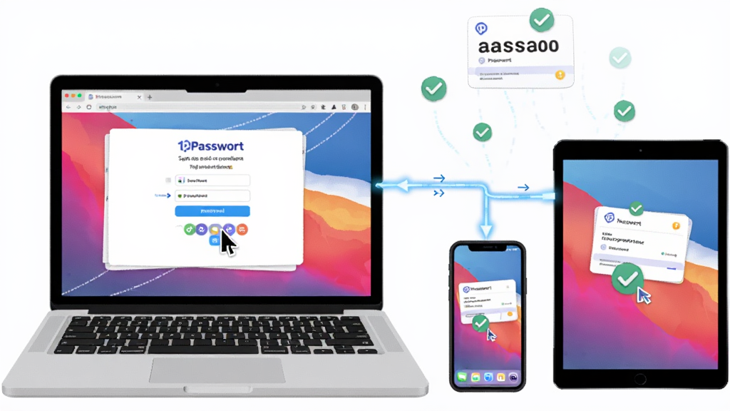 一张展示 1Password 跨平台同步与自动填充功能的场景图,画面左侧是一台打开的笔记本电脑,屏幕显示浏览器登录页面,右侧是一部智能手机与平板电脑,三者之间由发光的蓝色数据线连接,空中飘浮着密码卡片与对勾图标,布局为横向排列,风格为清爽商务科技风,细节包含自动填充光标、同步箭头与设备轮廓,画质清晰,背景干净。