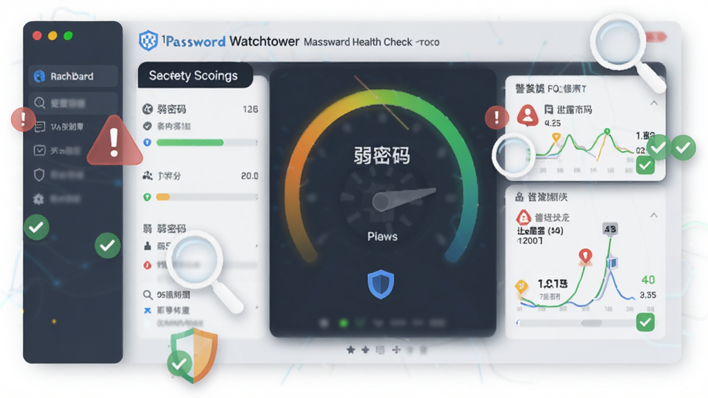 一张展示 1Password Watchtower 密码健康检查功能的界面示意图,画面主体是一个仪表盘,仪表盘上显示安全评分、弱密码数量与泄露警报图标,周围散布着红色警告标记与绿色修复对勾,布局为仪表盘居中,风格为数据可视化科技风,细节包含进度条、放大镜与盾牌图标,画质锐利,背景干净。
