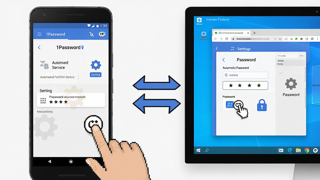 一张展示 1Password 在手机与电脑上协同使用的教程示意图,画面左侧为安卓手机屏幕显示自动填充服务设置界面,右侧为 Windows 电脑屏幕显示浏览器扩展自动填充密码场景,中间由双向箭头连接,布局为左右对比式,风格为简洁教程风,细节包含手指点击图标、齿轮设置符号与密码星号,画质清晰,背景干净无杂物。