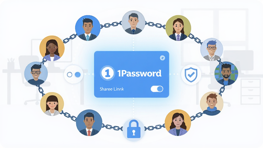 一幅描绘 1Password 安全共享与团队协作功能的插画,画面中央是一张发光的共享卡片,卡片周围环绕着多个用户头像图标,头像之间由加密锁链连接,背景是简洁的办公场景轮廓,布局为环绕式,风格为现代扁平化商务风,细节包含权限开关、共享链接符号与盾牌标识,画质高清,干净无干扰。