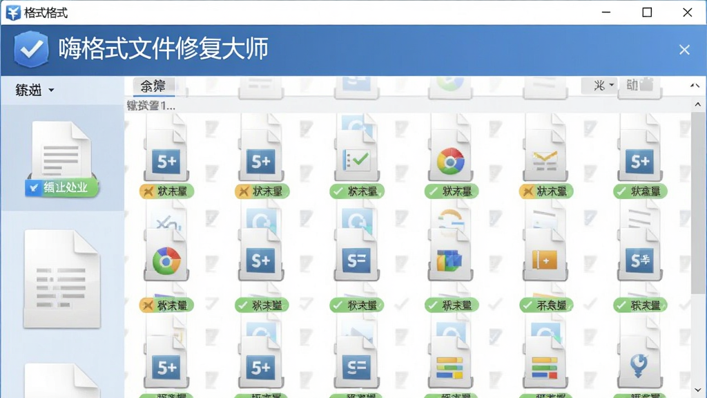 展示“嗨格式文件修复大师”批量处理功能的画面,主体是多个文件图标排列在软件列表内,布局为队列式,风格为简洁办公风格,细节上显示每个文件的状态标签,画质清晰,干净,无多余元素