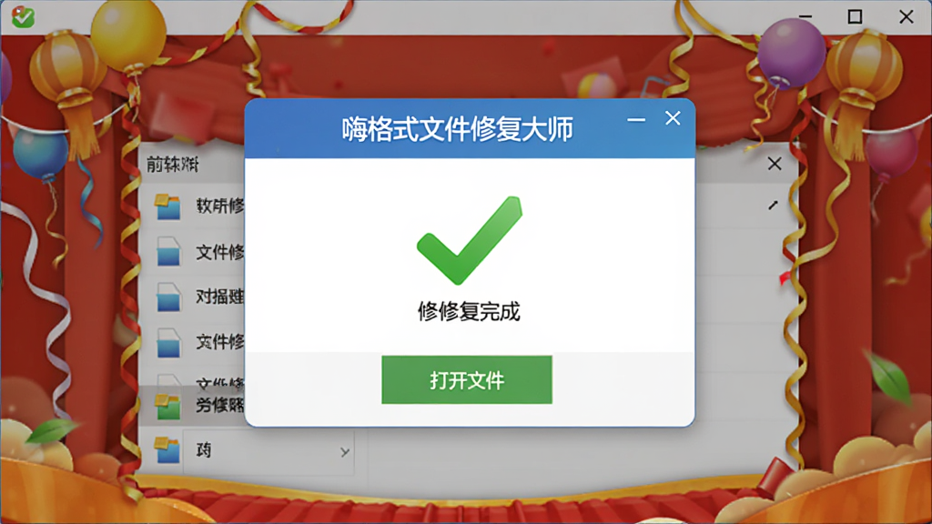 软件修复成功后的结果提示界面,主体为“嗨格式文件修复大师”显示修复完成的绿色对勾弹窗,布局居中,风格为喜庆成功风格,细节上包含文件列表和“打开文件”按钮,画质清晰,干净,无多余元素