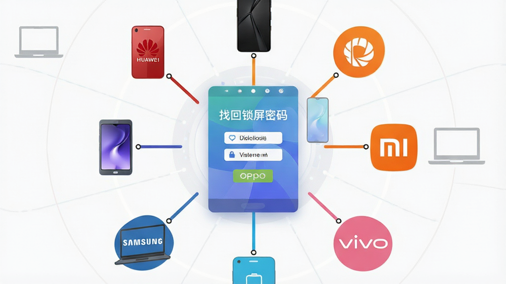 一幅AI生图,主体是“找回锁屏密码”软件界面悬浮在中央,周围环绕着华为、荣耀、小米、OPPO、vivo、三星等手机和一台笔记本电脑的轮廓图标,布局呈环形放射状,排版突出软件核心位置,风格为扁平化科技风,细节包括各品牌标志性颜色和连接线,画质2K,干净,无多余元素