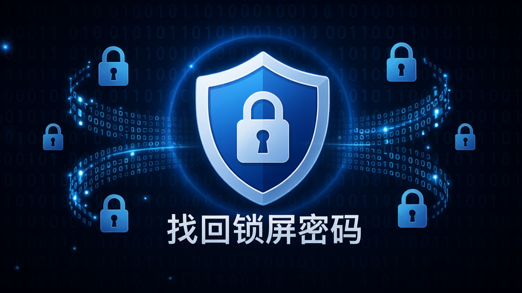 一幅AI生图,画面中央是一个带有盾牌和锁形图标的“找回锁屏密码”软件标志,周围环绕着数据流和加密符号,布局为居中对称,排版简洁,风格为安全科技感,细节包括蓝色光晕和二进制代码背景,画质高清,干净,无多余元素
