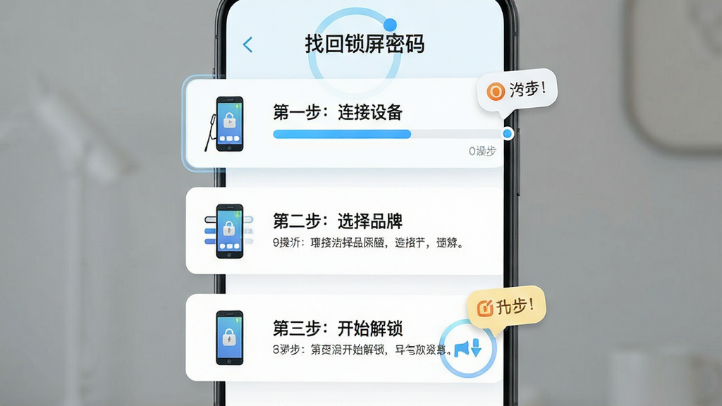 一张展示“找回锁屏密码”软件操作引导界面的图片,画面中显示步骤条“第一步:连接设备”“第二步:选择品牌”“第三步:开始解锁”,每个步骤配有手机图标和说明文字,布局为纵向排列,风格为清新浅色UI,细节包括进度高亮和提示气泡,画质高清,干净,无多余元素
