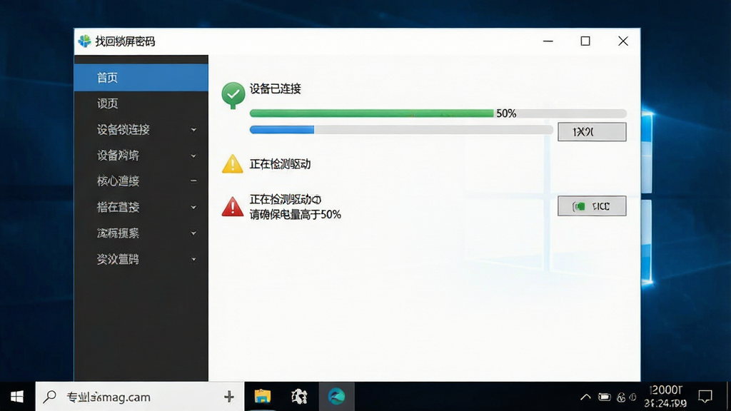 一张展示“找回锁屏密码”软件在Windows电脑上运行的界面截图,画面中软件窗口显示“设备已连接”“正在检测驱动”“请确保电量高于50%”等提示信息,布局为左侧导航栏右侧内容区,风格为专业工具软件UI,细节包括进度条和警告图标,画质高清,干净,无多余元素