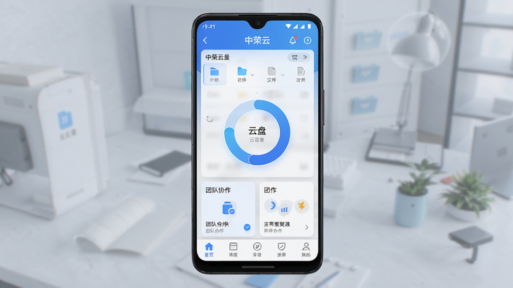 中荣云软件界面全景展示图,主体为一部竖屏安卓手机,屏幕内呈现中荣云应用主界面,包含文件列表、云盘容量环形图、团队协作卡片和底部导航栏,布局采用居中对称排版,风格为现代扁平化科技蓝配色,细节刻画图标阴影与毛玻璃背景质感,画质清晰锐利,干净无多余元素