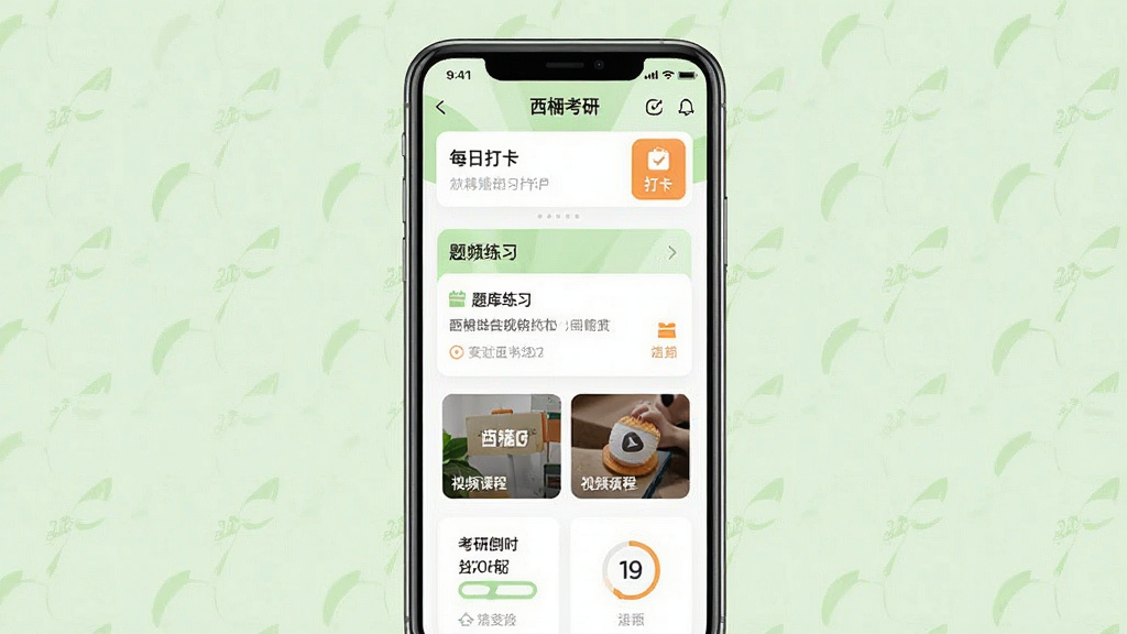 一张展示西柚考研手机应用界面的竖版预览图,画面中央是一部现代智能手机,屏幕内呈现西柚考研APP的学习首页,包含每日打卡、题库练习、视频课程卡片和考研倒计时等模块,布局清晰,排版整齐,风格清新简约,色调以白色、浅绿色和橙色为主,细节精致,画质高清干净,无多余元素