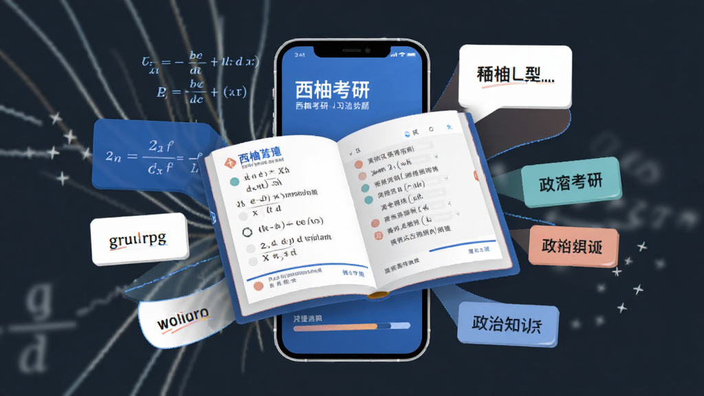 一张以“西柚考研”为主题的AI生图,画面主体是一本打开的电子习题册悬浮在手机屏幕上方,周围环绕着数学公式、英语单词卡片和政治知识点标签,布局采用中心放射式构图,风格为扁平化科技插画,细节处可见题目标记与进度条元素,画质高清,画面干净,无多余装饰