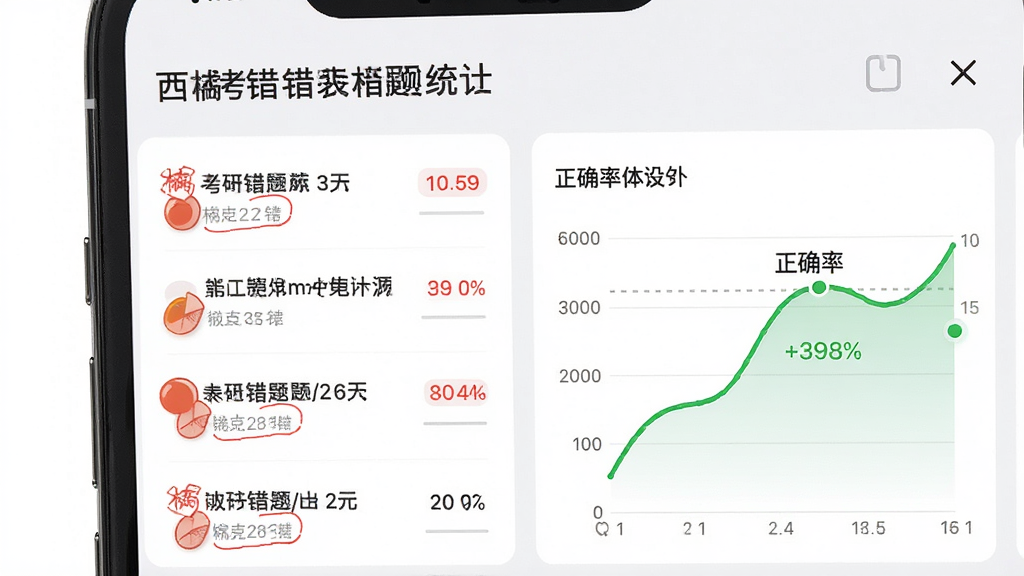 一张展示西柚考研错题本与数据统计页面的生图,画面为手机屏幕特写,屏幕内呈现错题列表和正确率折线图,布局上下分栏,风格为现代UI设计展示,细节包括红色错题标记和绿色正确率曲线,画质高清,画面干净,无多余元素