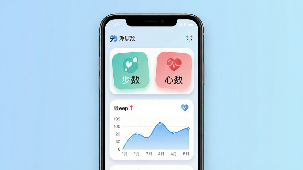派瑞格软件主界面展示,手机屏幕中显示健康数据仪表盘,包含步数、心率、睡眠图表,背景为浅蓝色渐变,主体为一部现代智能手机,布局居中,排版简洁,风格为扁平化科技风,细节包括圆角图标与柔和阴影,画质高清,干净,无多余元素