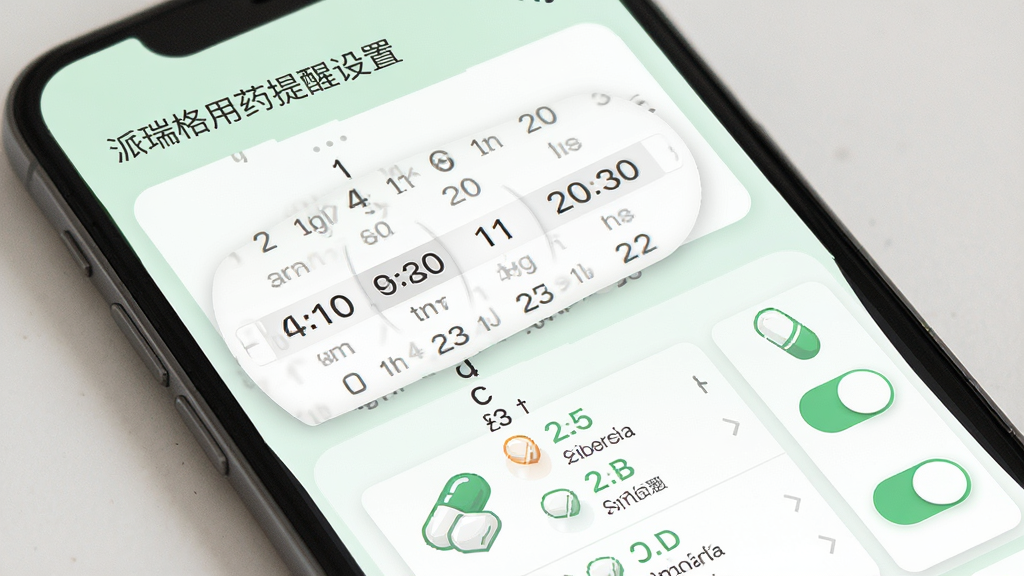 派瑞格用药提醒设置界面,主体为手机屏幕显示时间选择器与药品列表,布局纵向排列,排版规整,风格为清新医疗风,细节包括药丸图标、开关按钮、浅绿色背景,画质高清,干净,无多余元素