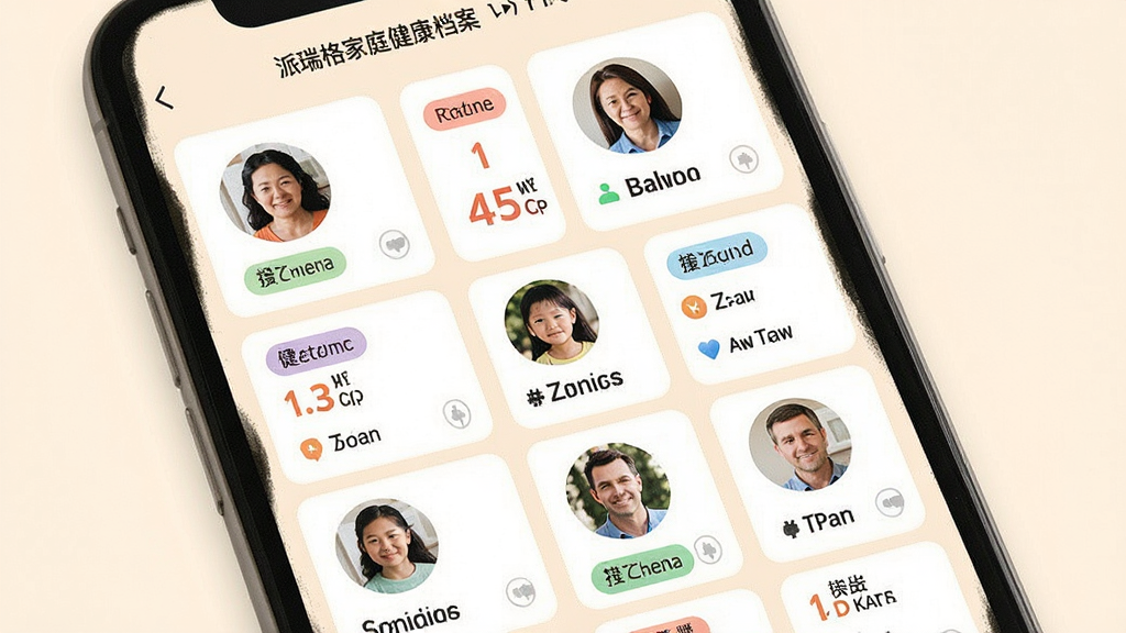 派瑞格家庭健康档案界面,主体为手机屏幕显示多个家庭成员头像与健康数据卡片,布局网格状,排版整齐,风格为温暖家庭风,细节包括圆形头像、彩色数据标签、浅色背景,画质高清,干净,无多余元素
