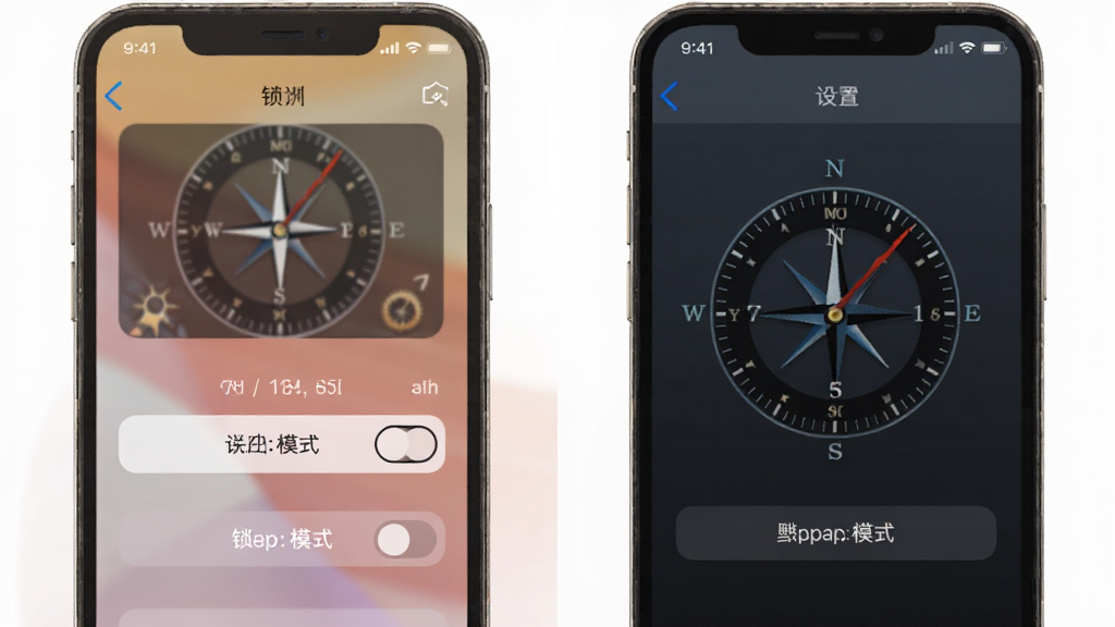 罗盘时钟应用内设置界面截图,展示锁屏模式和壁纸模式的切换选项,界面简洁,按钮清晰,背景为柔和的渐变色调,整体风格干净利落,画质高清