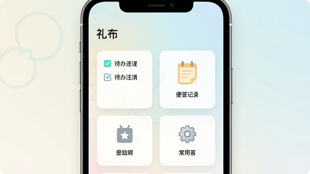 一张展示礼布应用主界面的手机屏幕渲染图,画面中央是简洁的卡片式布局,顶部有