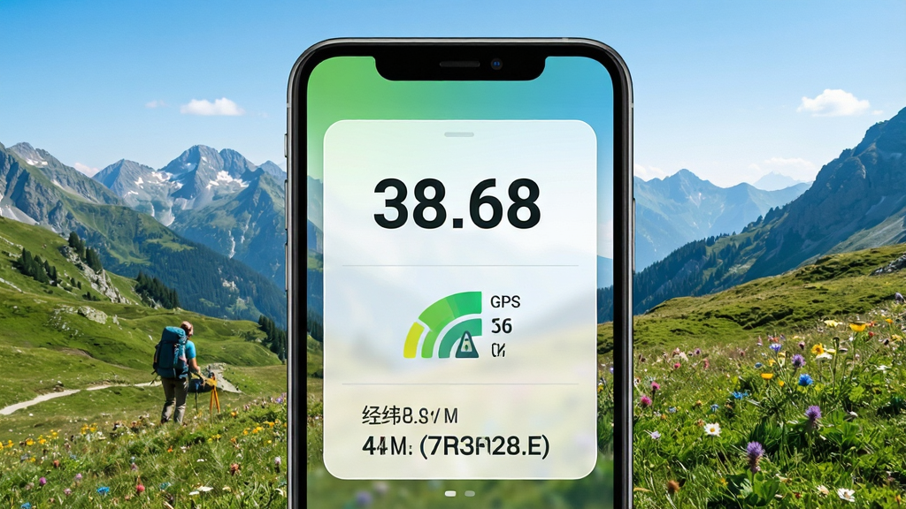 实时海拔核心功能展示图,主体为手机屏幕显示海拔测量界面,布局为上方大字海拔数值,中间为GPS信号强度指示,下方为经纬度坐标,背景为高山草甸场景,风格为清新户外风格,细节包括绿色与蓝色为主色调,白色半透明卡片,画质高清,干净,无多余元素