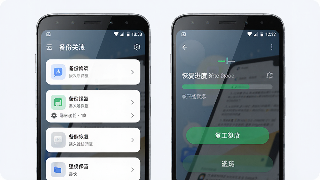 聊天记录云备份王多端恢复界面,主体为两部安卓手机并排展示,左侧手机显示备份列表,右侧手机显示恢复进度,布局为左右对称,排版整齐,风格为清新浅色系商务风,细节包括手机屏幕有轻微反光、列表项有圆角卡片、恢复按钮为绿色,画质高清、干净、无多余元素