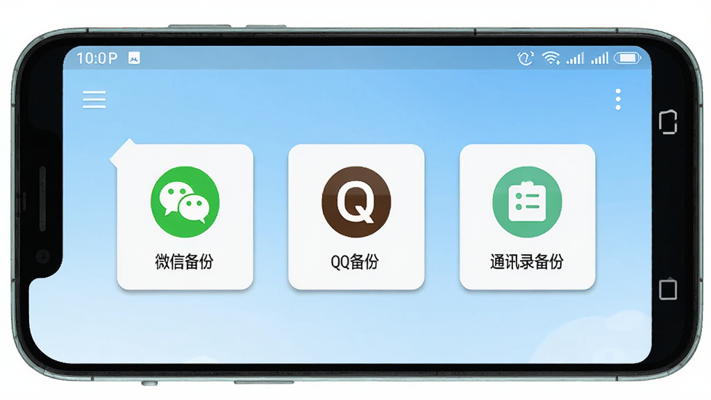 聊天记录云备份王软件主界面展示,主体为一部安卓手机屏幕,屏幕上显示聊天记录云备份王APP的首页,首页有微信备份、QQ备份、通讯录备份三个大按钮,背景为浅蓝色渐变,布局居中对称,排版清晰,风格为简洁扁平化科技风,细节包括手机边框圆角、按钮有轻微阴影、顶部状态栏显示时间与电量,画质高清1080P、干净、无多余元素