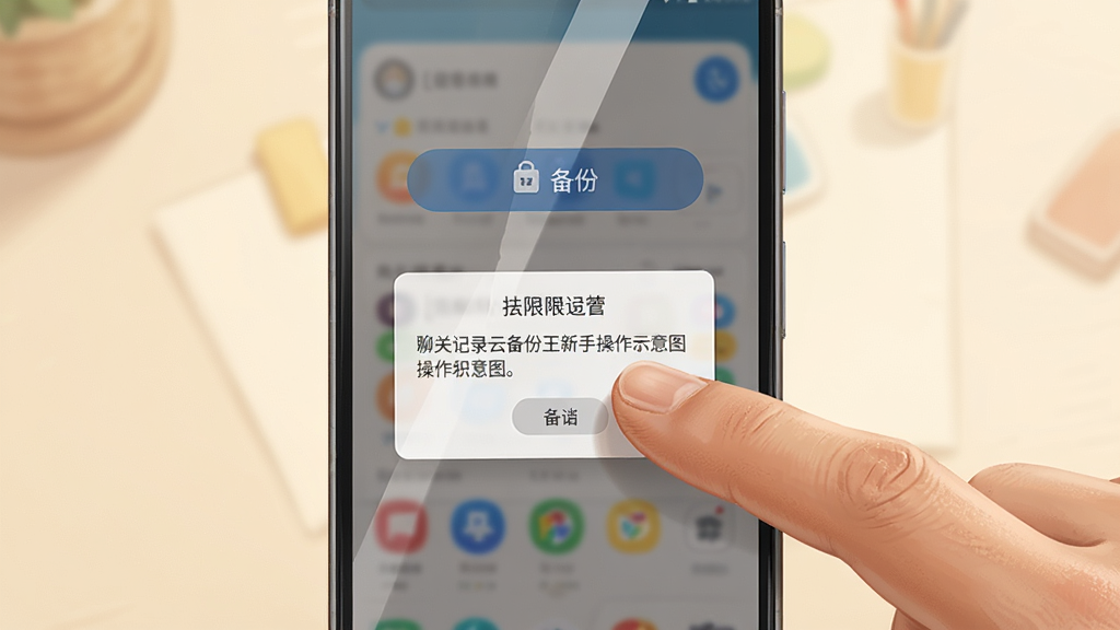 聊天记录云备份王新手操作示意图,主体为一部安卓手机和一只手正在点击屏幕,屏幕上显示备份按钮和权限设置弹窗,布局为手机居中、手指从右侧点击,排版自然,风格为写实插画风暖色调,细节包括手指有肤色质感、弹窗有半透明遮罩、屏幕有轻微反光,画质高清、干净、无多余元素