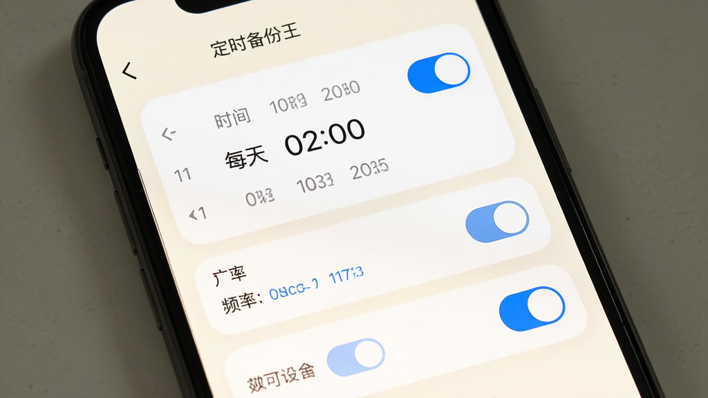 聊天记录云备份王自动备份设置页面,主体为手机屏幕显示定时备份设置界面,屏幕上有时间选择器、频率选项和开关按钮,布局为纵向列表,排版清晰,风格为柔和圆角卡片设计,细节包括开关为蓝色激活状态、时间显示为“每天 02:00”、背景为米白色,画质高清、干净、无多余元素