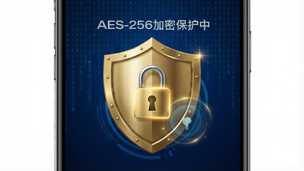 聊天记录云备份王隐私安全加密功能展示,主体为手机屏幕显示加密锁图标与盾牌图案,屏幕中央有“AES-256加密保护中”字样,布局为居中对称,排版简洁,风格为安全科技风深蓝色背景配金色盾牌,细节包括盾牌有金属质感、锁图标有光效、背景有数字雨效果,画质高清、干净、无多余元素