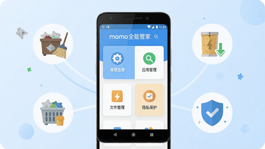 一张展示 momo全能管家 手机APP主界面的产品示意图,画面中央是一部安卓手机,屏幕显示 momo全能管家 的首页仪表盘,上面有清理加速、应用管理、文件整理、隐私保护等功能入口图标,手机周围环绕着垃圾清理、内存释放、安全防护等概念图标,背景是浅蓝色渐变,整体风格简洁清爽,扁平化设计,画质清晰,干净,无多余元素