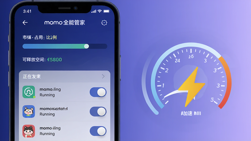 momo全能管家 的内存加速功能界面展示,手机屏幕显示内存占用比例和可释放空间,下方列出正在运行的应用列表,每个应用旁有开关按钮,画面右侧有一个速度表盘和闪电图标表示加速效果,背景为深蓝色到浅紫色渐变,科技感风格,扁平化设计,画质清晰,无多余元素